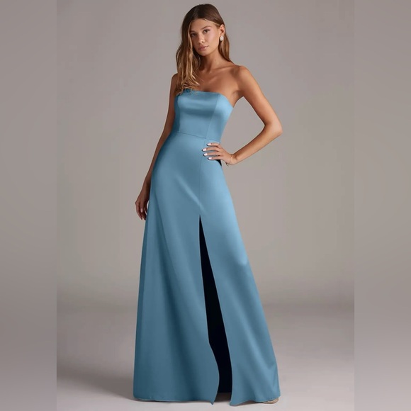 Azazie Wren Stretch Satin Dress- Steel Blue - Picture 3 of 11